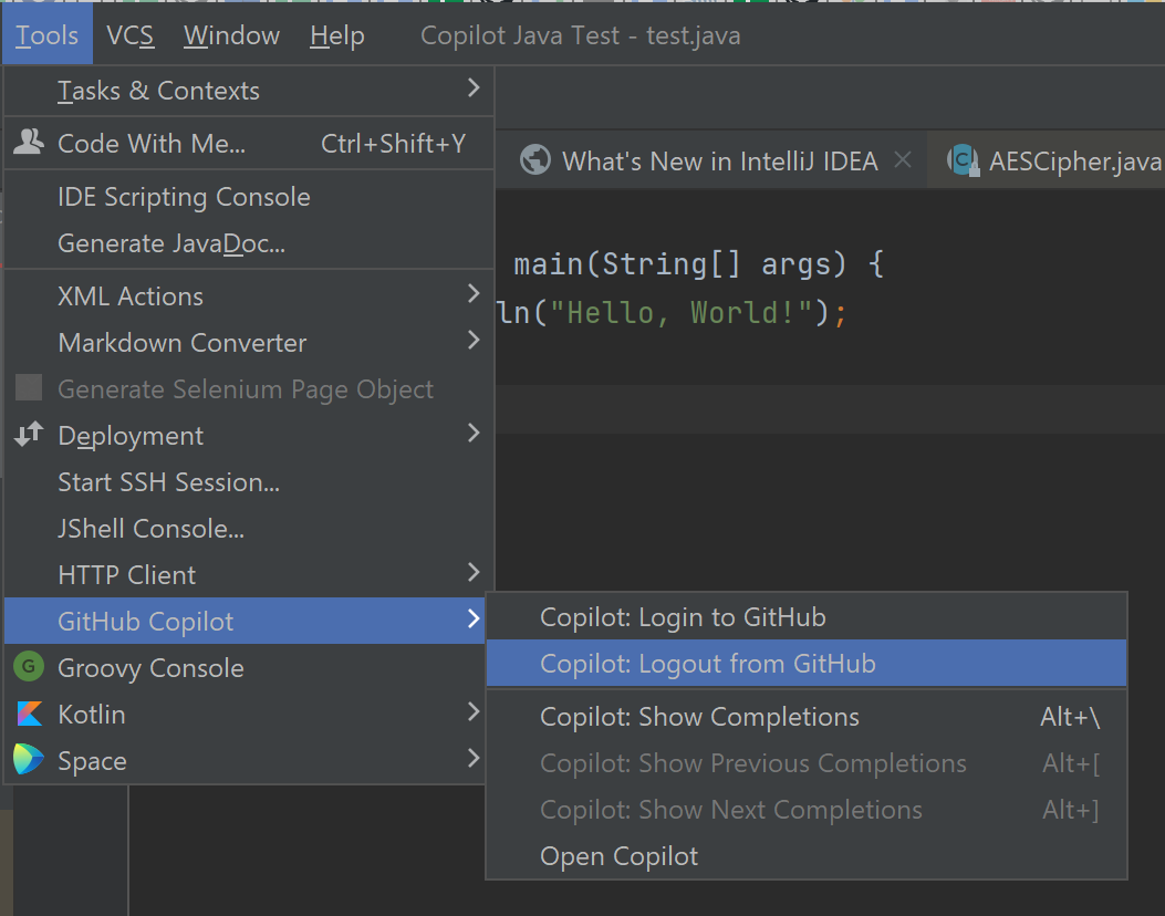 The GitHub Copilot submenu in the Tools menu